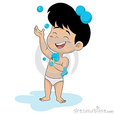 In a morning, kid take a bath. Vector Illustration