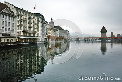 Morning landscape of Chapel Bridge over Reuss River, city of Lucerne, Switzerland Editorial Stock Photo