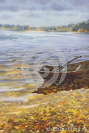 Morning landscape by the lake watercolor background. Autumn illustration Cartoon Illustration