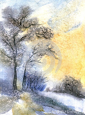 Morning landscape with tree and river. Watercolor landscape. Editorial Stock Photo