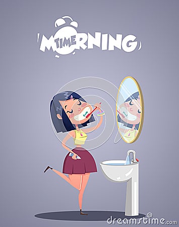 Daily Morning Life. Little girl brushing teeth Vector Illustration