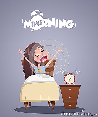 Daily Morning Life. Young girl yawns in bed Vector Illustration