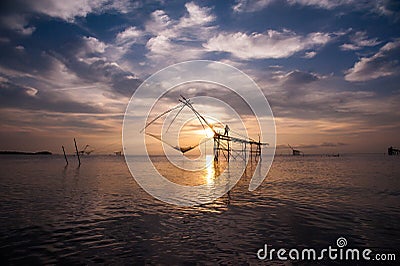 Square dip nets in southern sea, Baan Pak Pra, Phatthalung, Thailand Stock Photo