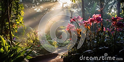 Morning light in beautiful jungle garden Stock Photo