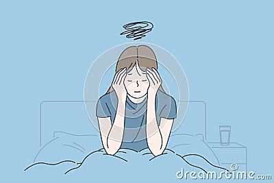 Morning migraine, chronic fatigue and nervous tension, stress or flu symptom, hard to wake up concept Vector Illustration