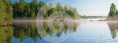 Morning mist, cresent lake, mn, panorama Stock Photo