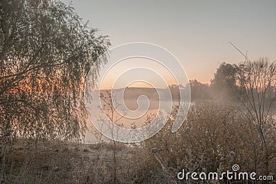Morning on misty foggy Autumn lake Stock Photo