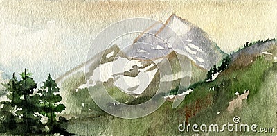 Morning mountain landscape. Cold summer. Snow on the tops of the mountains. Three ate. Watercolor. Illustration Stock Photo