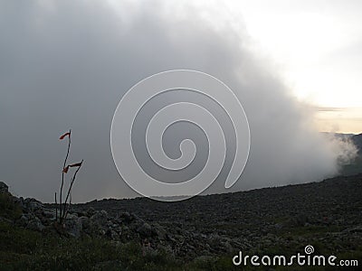Morning in the mountains. Fog on Konzhakovsky stone Stock Photo