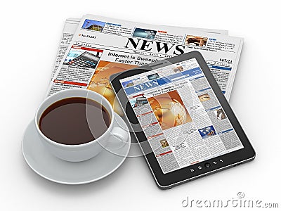 Morning news. Tablet pc, newspaper and cup of coffee Stock Photo