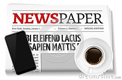 Morning newspaper with smartphone and coffee cup. Flat lay top view Vector Illustration