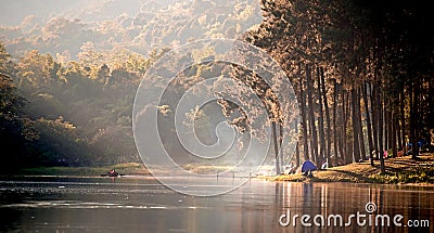 Morning in Pang Ung Lake,North of Thailand, is a tourist place Stock Photo
