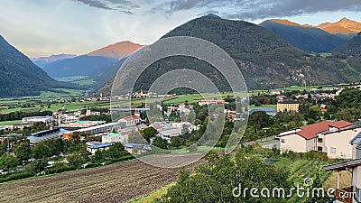 Morning panoramic view of tyrolean valley with village Mels Stock Photo