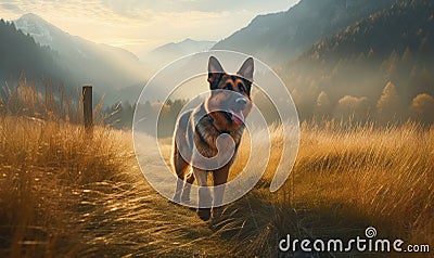 Morning Patrol Photo of guide dog a majestic German Shepherd patrolling a grassy meadow at sunrise with the majestic mountain Stock Photo