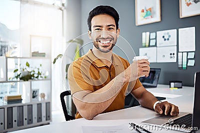 Morning portrait, coffee or happy man, office agent or consultant smile for career, job or project satisfaction. Tea cup Stock Photo