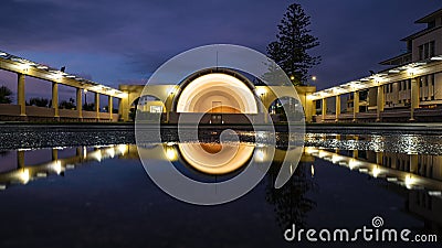 Morning reflection of Napier`s Art Deco colonnade and Sound Shell, New Zealand Editorial Stock Photo