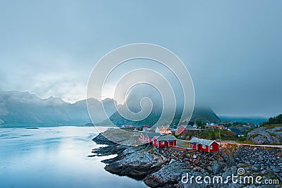 Morning Reine in the fog. Beauty of Lofoten islands, Norway Stock Photo