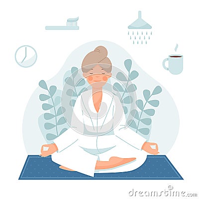 Morning routine. The girl is sitting in the lotus pose. The woman wakes up, does yoga, brushes her teeth, takes a shower Vector Illustration