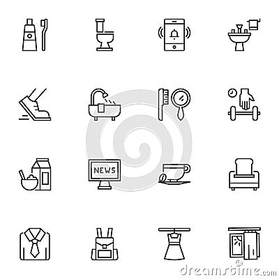Morning routine line icons set Vector Illustration