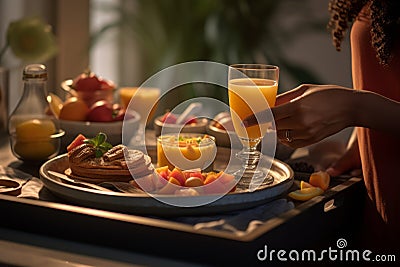 A morning routine scene with a person holding a tray of breakfast items, featuring a prominently placed glass of orange juice, Stock Photo