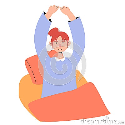 Morning routine. A young happy girl wake up and is stretching in bed. Wake up and sing. Vector illustration in flat Vector Illustration