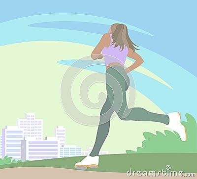 Morning run in the park near the city. blue sky Cartoon Illustration