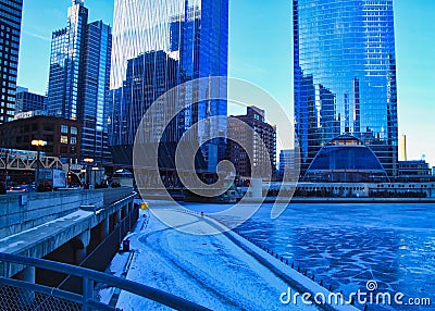 Morning rush hour on a frigid, blue winter morning in Chicago. Editorial Stock Photo