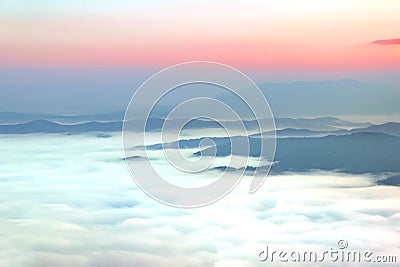 Morning scene, beauty summer foggy image, attractive view of valley covered fog on background gold sunlight, fantastic mountains l Stock Photo