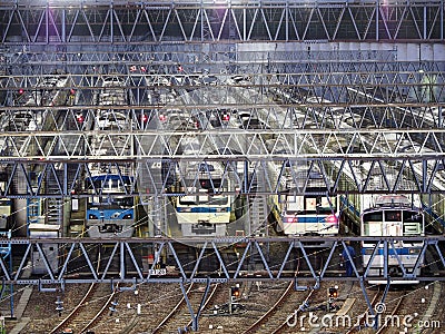 Morning scene of rolling stock yard or railyard or carbarn near Karakida station of Odakyu Line, Toky Editorial Stock Photo