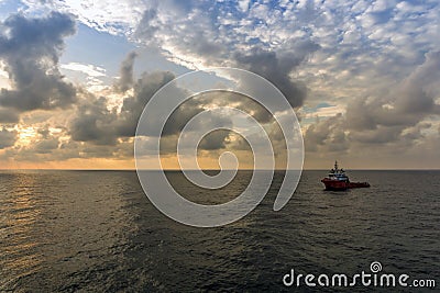Morning scenery viewed from a construction work barge at oil field Stock Photo