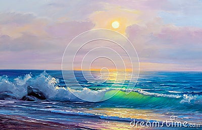 Oil painting of the sea on canvas. Cartoon Illustration