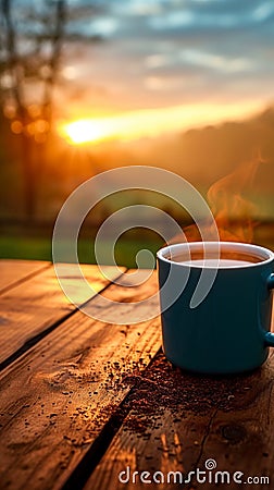 Morning serenity Coffee mug on wood, embraced by sunrise and nature Stock Photo