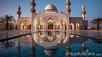 Morning Serenity: A Mosque Pool Reflecting Ramadans Holiness and Moons Radiance Stock Photo