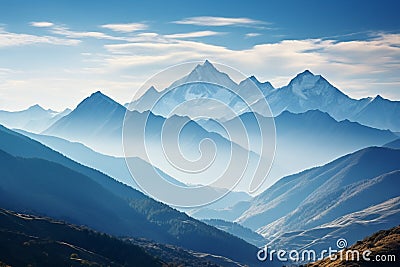 Morning serenity mountains stand against a clear, blue sky backdrop Stock Photo