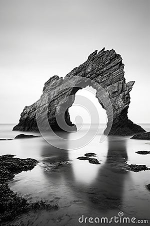 Morning Serenity: Natural Rock Arch Against Calm Sea and Horizon Stock Photo