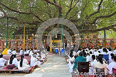 Morning sermon in front of Bodhi Palanka, located under the Bodhi Tree where Gautama Buddha attained Enlightenment Editorial Stock Photo