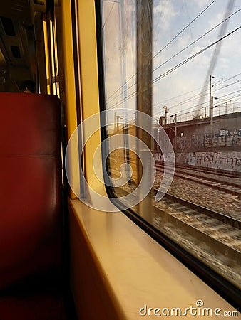 Morning suburb train window Editorial Stock Photo