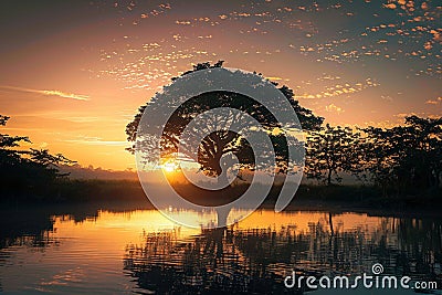 Morning sun rising over trees by the water, serene silhouette Stock Photo