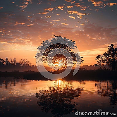 Morning sun rising over trees by the water, serene silhouette Stock Photo