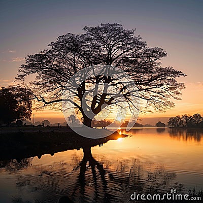 Morning sun rising over trees by the water, serene silhouette Stock Photo