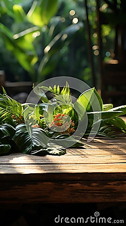 Morning sunlight casts shadows on a wooden table with lush banana leaves Stock Photo
