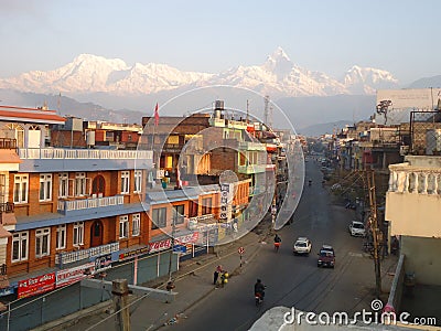 Morning sunlight at Mount Machapuchare , Pokhara City, Nepal Editorial Stock Photo