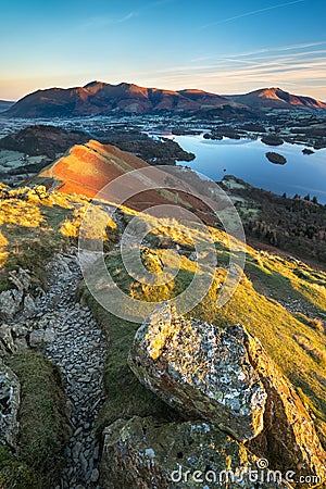 Summer morning sunrise looking down from the summit of Catbells in the Lake District Stock Photo