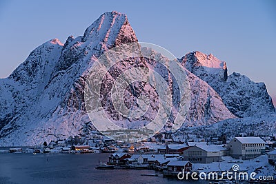 Morning sunrise at Reine village, Lofoten archipelago, Norway, Scandinavia Stock Photo