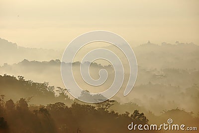 Foggy Early Morning Borobudur Famous Temple Silhoulette Stock Photo