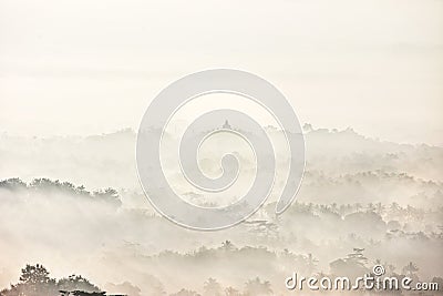 Foggy Early Morning Borobudur Famous Temple Silhoulette Stock Photo