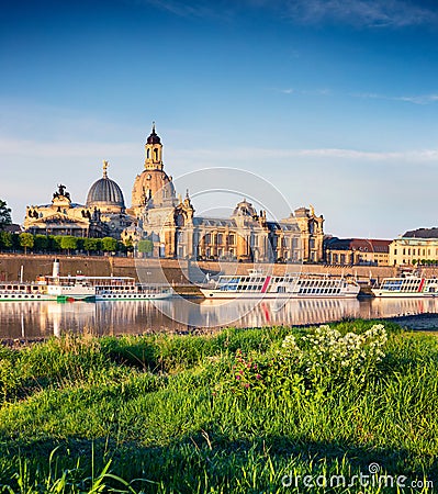 Morning view of Academy of Fine Arts and Baroque church Frauenkirche cathedral. Stock Photo