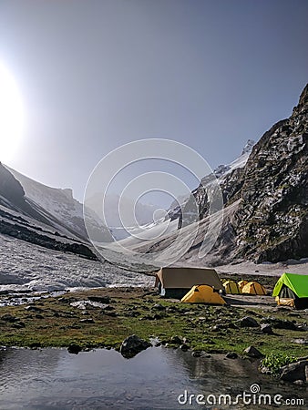 Morning view from a beautiful campsite in Indian Himalayan Mountain Valley Stock Photo
