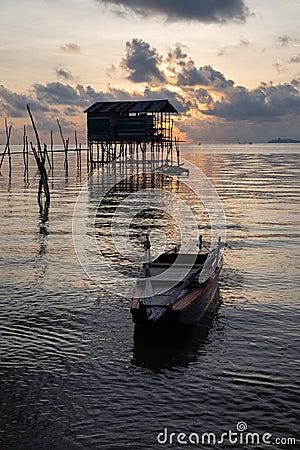 Wooden house in the sea in Bintan Island, Indonesia Stock Photo