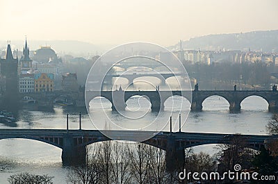 Morning view of bridges and Vltava River from observation deck of Ganavsky pavilion, Prague, Czech Republic Stock Photo